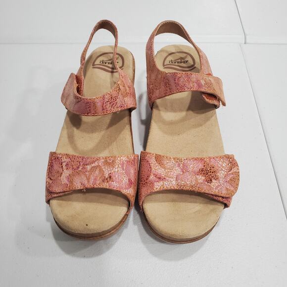 Dansko Sandals Womens Size 38 Pink Orange Leather Wedge Slingback Hook & Loop - Picture 2 of 8